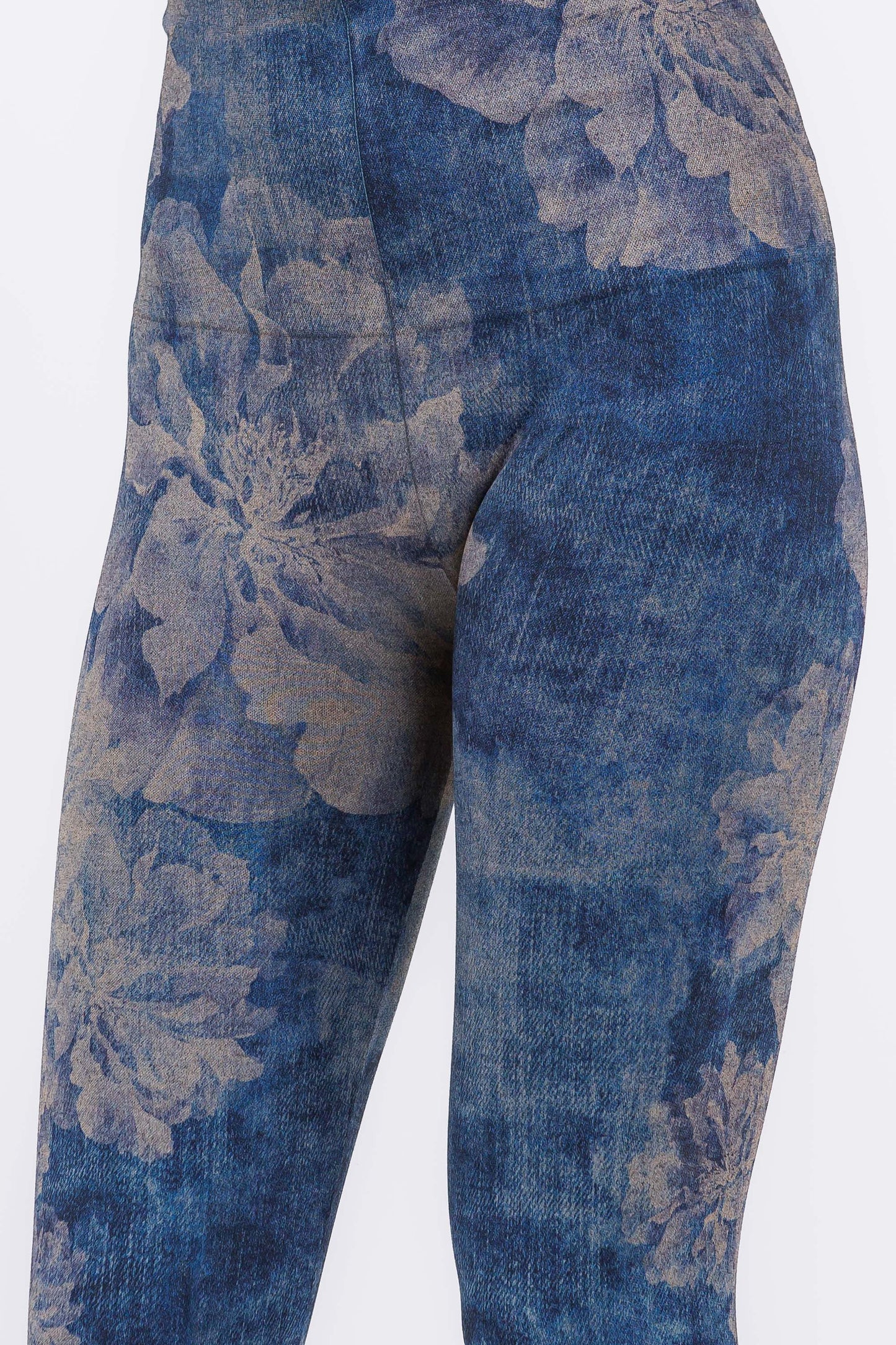 Reverse Dye Peonies on Denim Printed Leggings