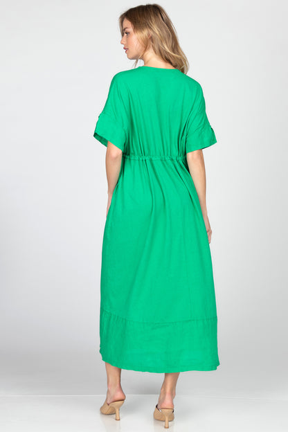 V-Neck Maxi Dress with Contrast Linen Hem