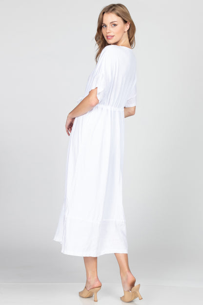 V-Neck Maxi Dress with Contrast Linen Hem