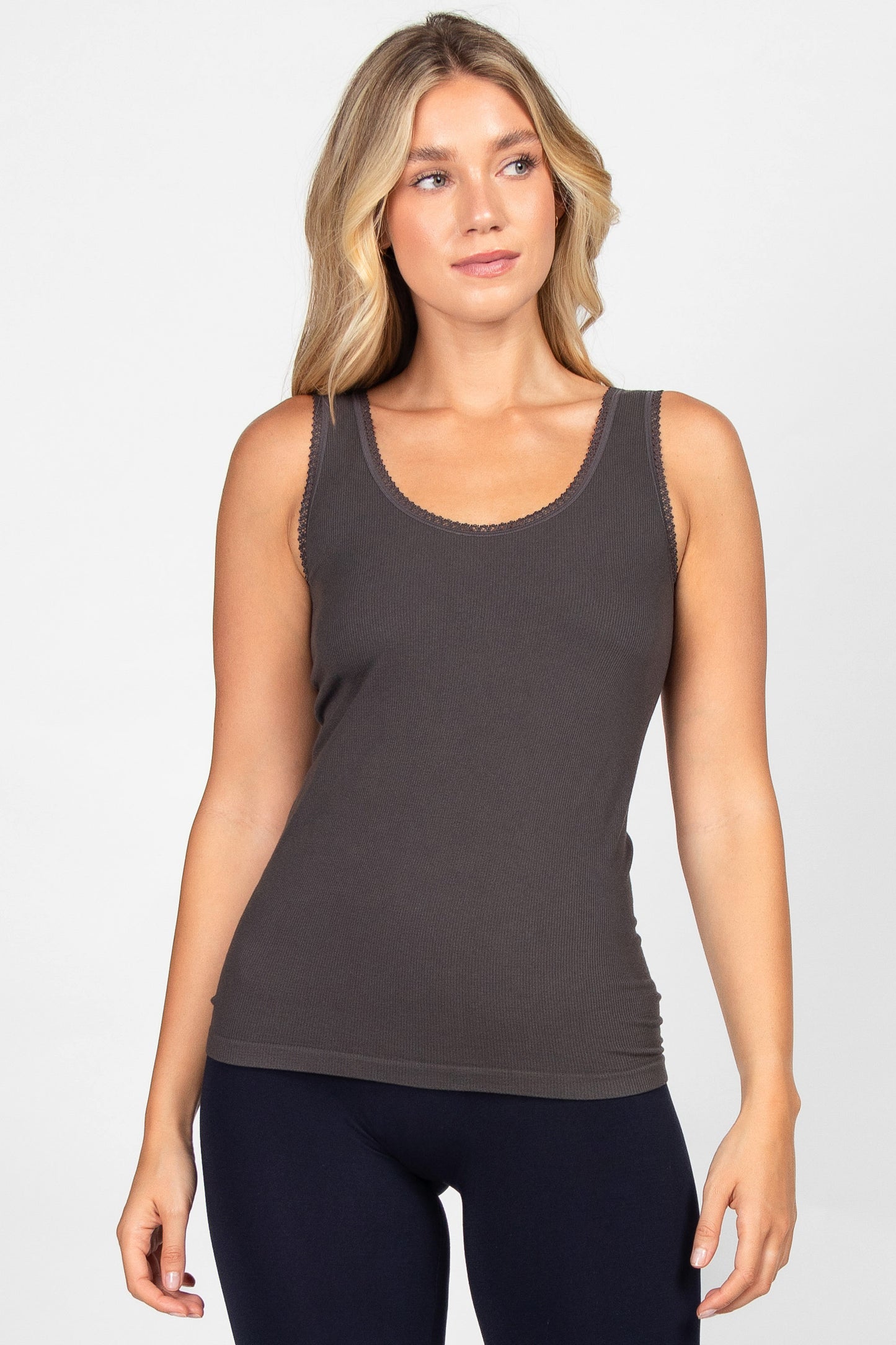 Reversible Ribbed V-Scoop Tank with Lace Trim