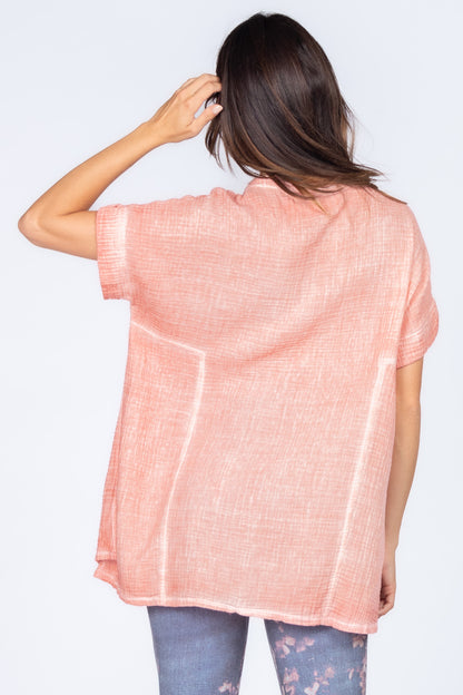Round Neck Double Gauze Button-up Tunic with Side Panels