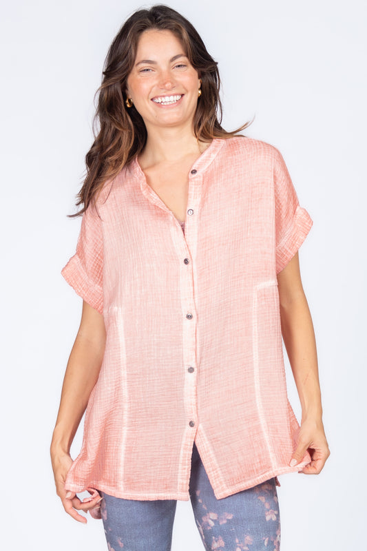 Round Neck Double Gauze Button-up Tunic with Side Panels