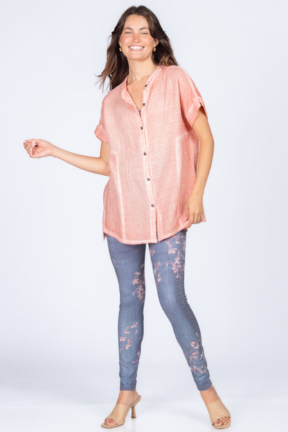 Round Neck Double Gauze Button-up Tunic with Side Panels