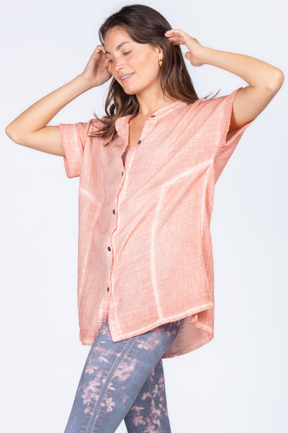 Round Neck Double Gauze Button-up Tunic with Side Panels