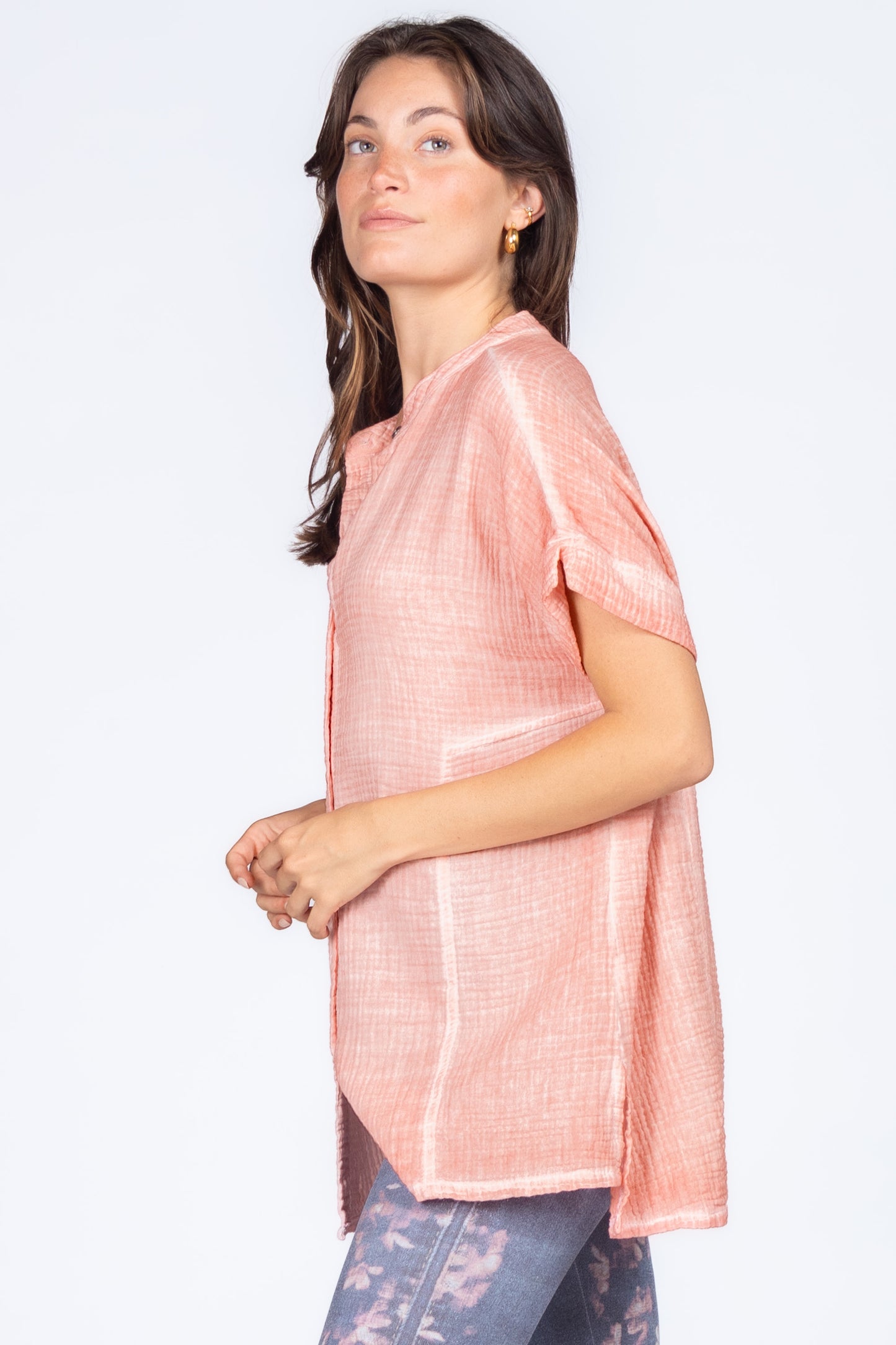 Round Neck Double Gauze Button-up Tunic with Side Panels