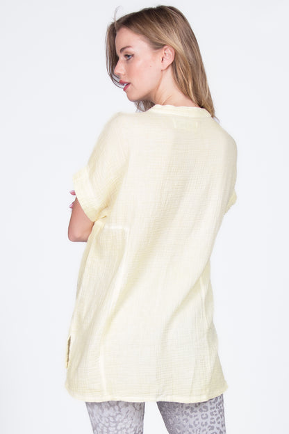 Round Neck Double Gauze Button-up Tunic with Side Panels