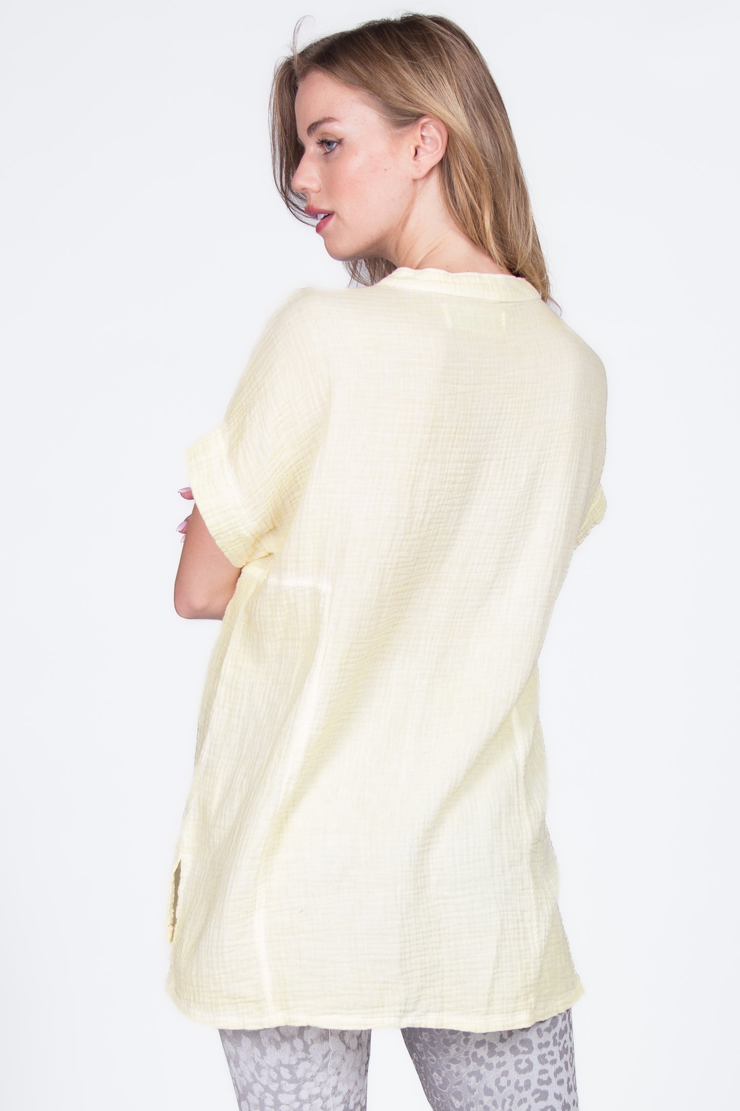 Round Neck Double Gauze Button-up Tunic with Side Panels