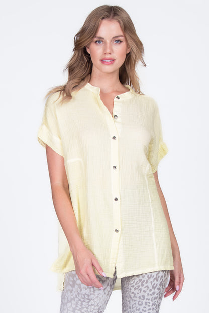 Round Neck Double Gauze Button-up Tunic with Side Panels