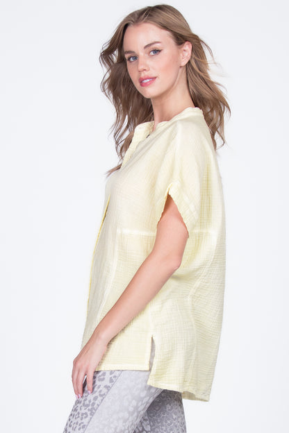 Round Neck Double Gauze Button-up Tunic with Side Panels