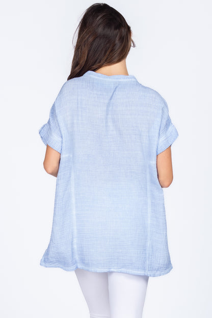 Round Neck Double Gauze Button-up Tunic with Side Panels