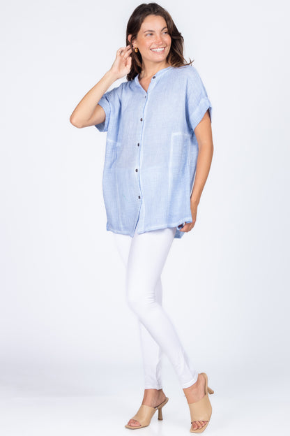 Round Neck Double Gauze Button-up Tunic with Side Panels