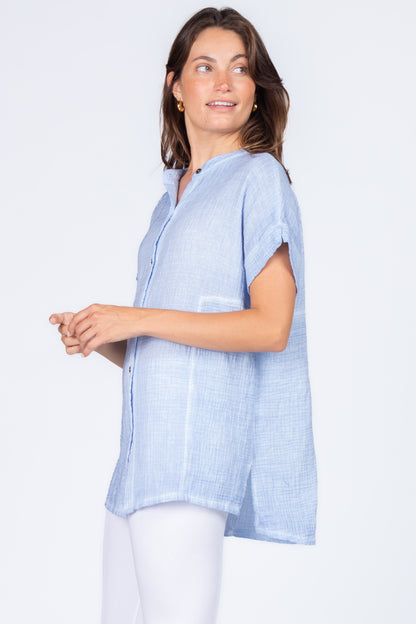 Round Neck Double Gauze Button-up Tunic with Side Panels