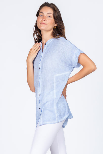 Round Neck Double Gauze Button-up Tunic with Side Panels