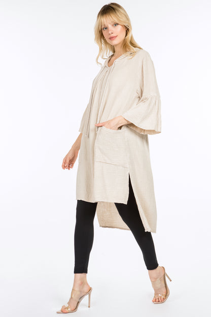 Longline Tunic Hoodie with Lantern Sleeves