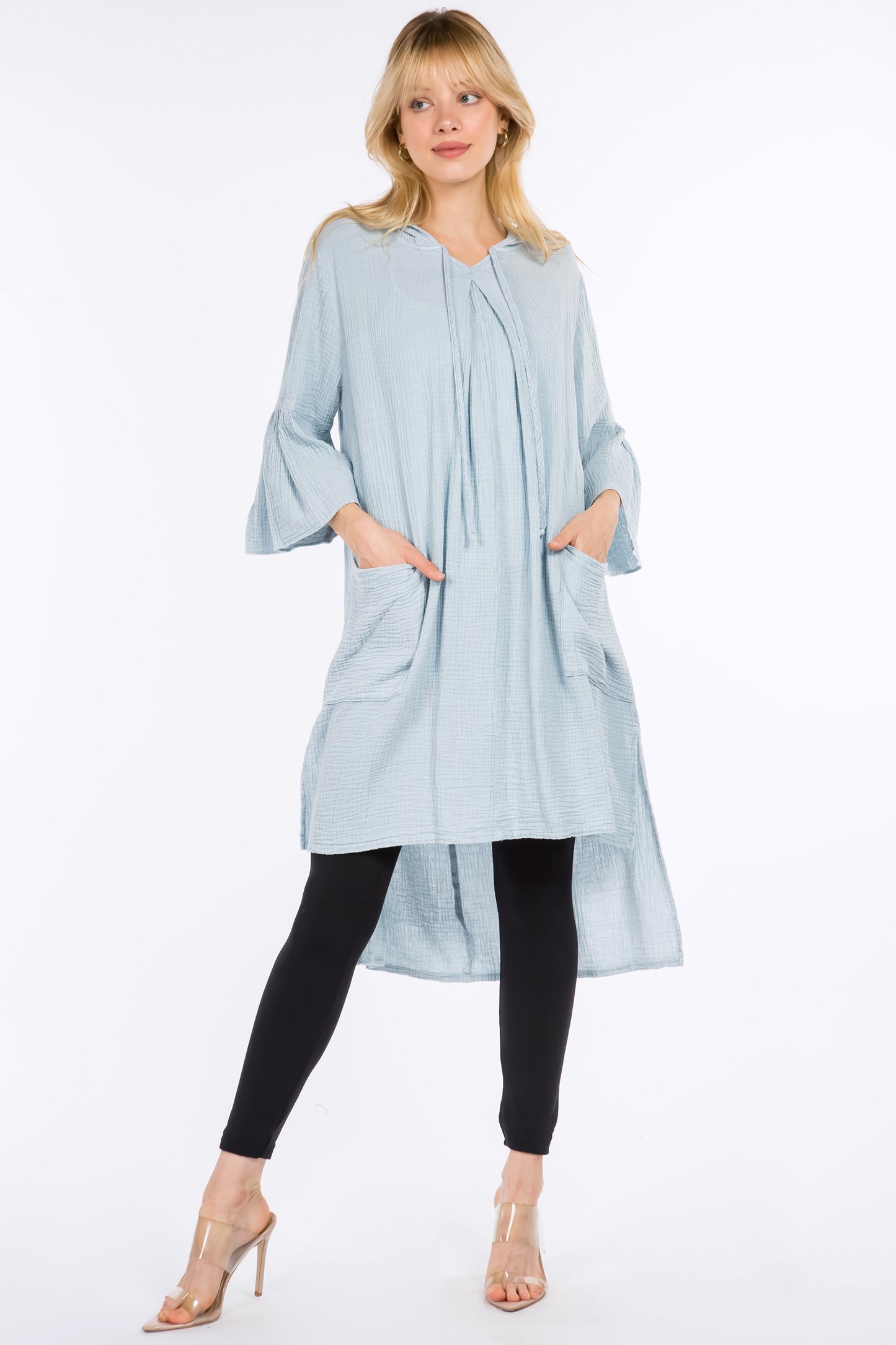 Longline Tunic Hoodie with Lantern Sleeves