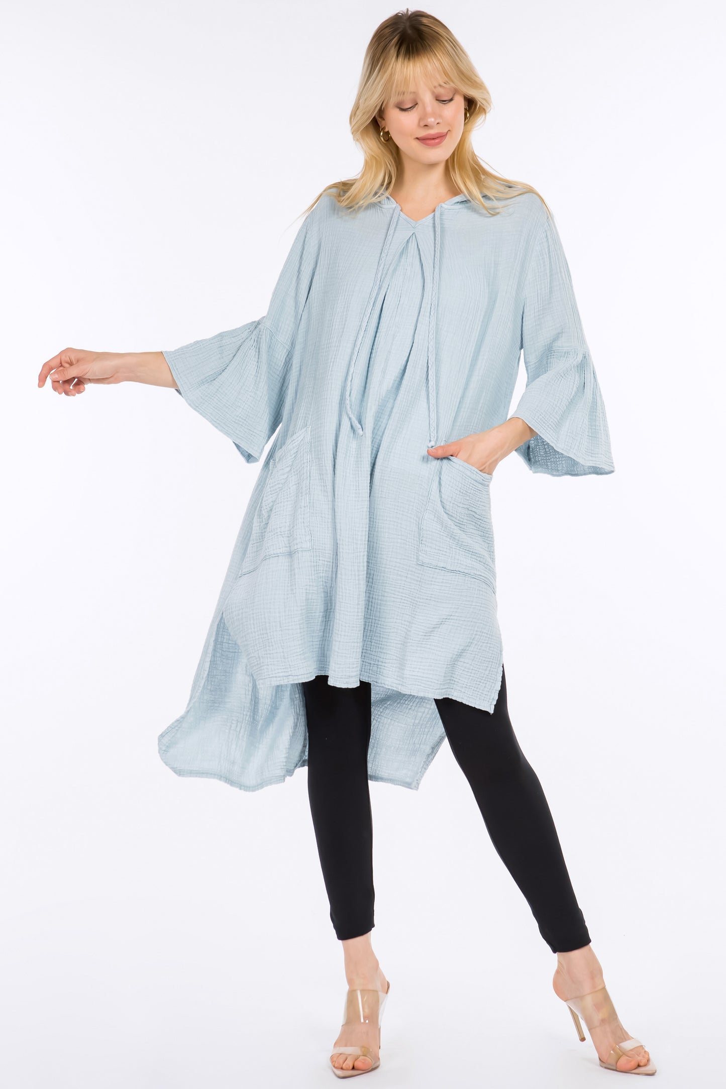 Longline Tunic Hoodie with Lantern Sleeves