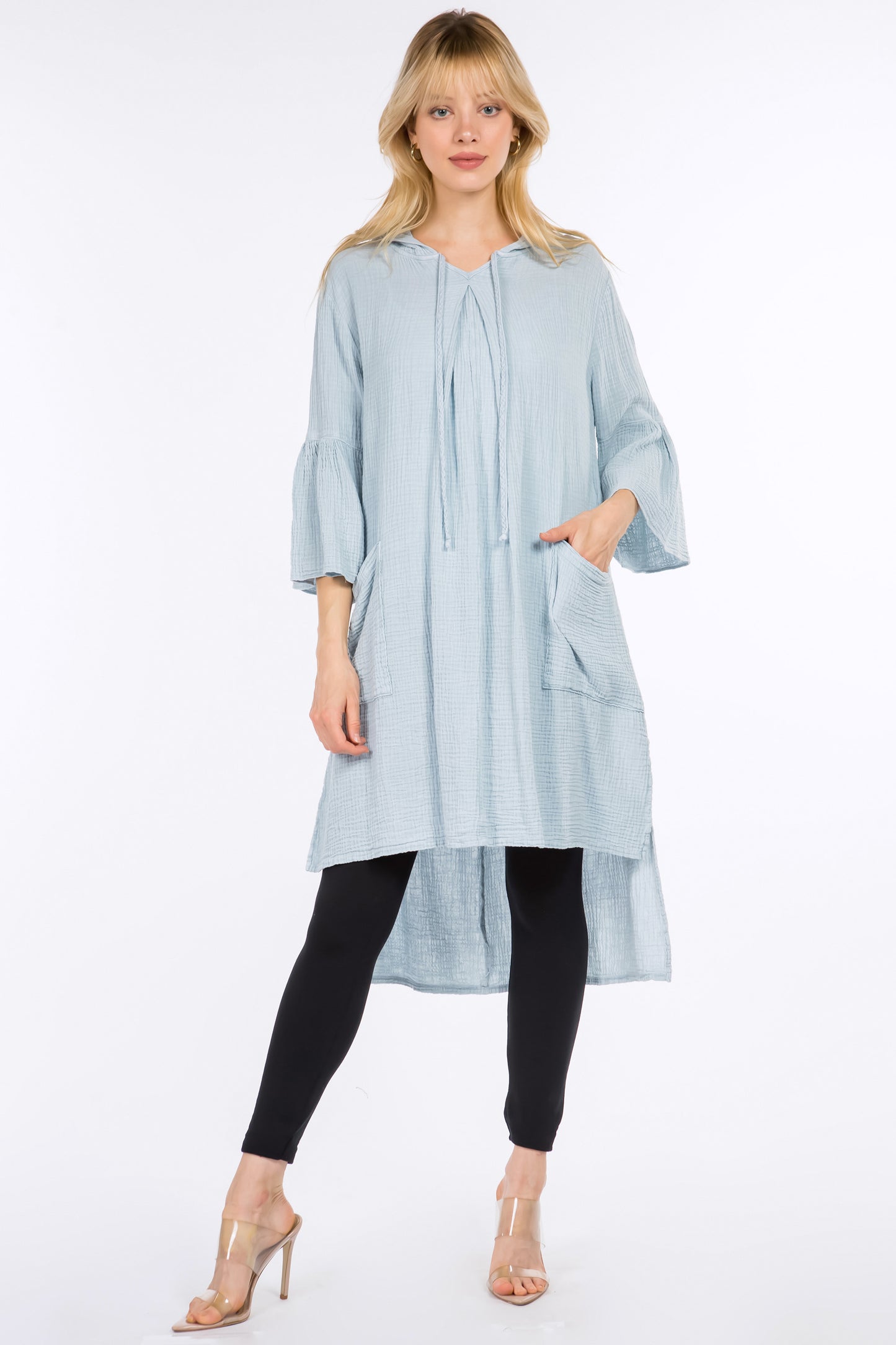 Longline Tunic Hoodie with Lantern Sleeves