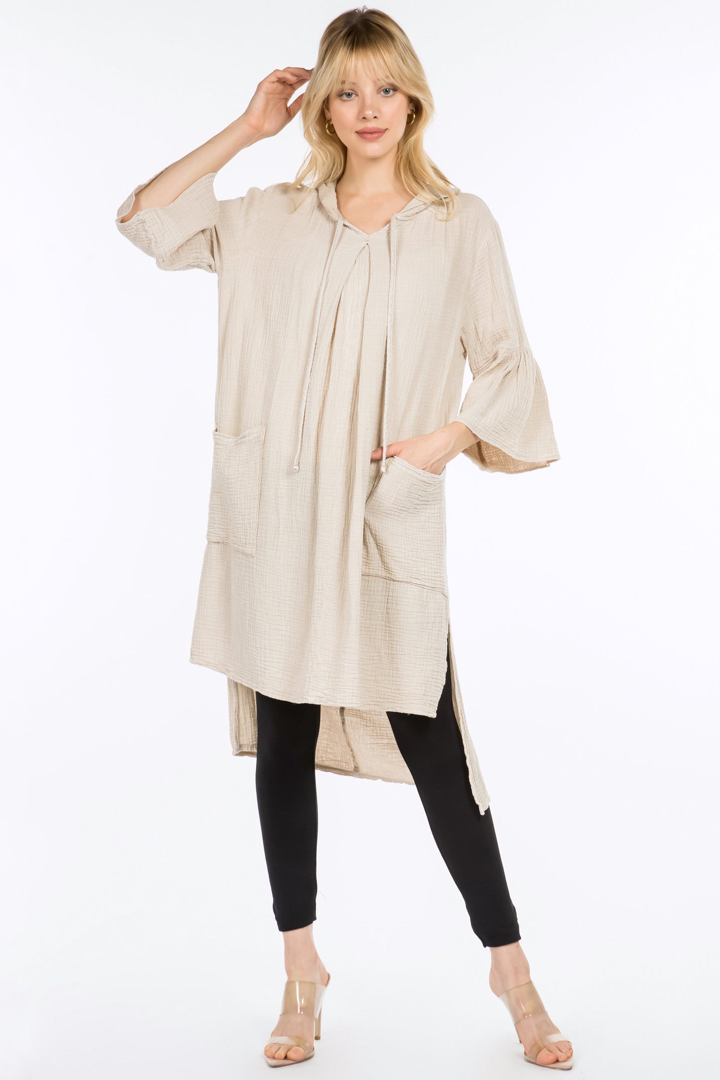 Longline Tunic Hoodie with Lantern Sleeves