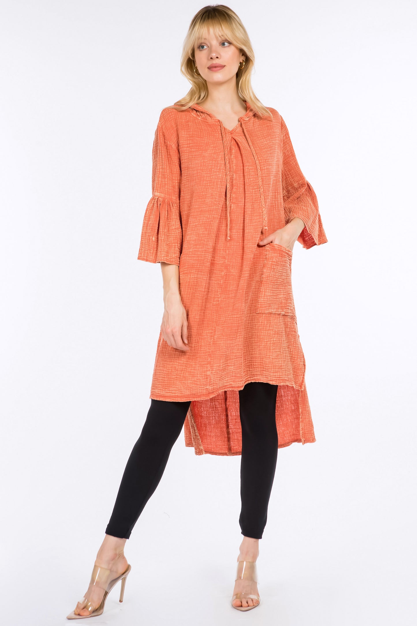 Longline Tunic Hoodie with Lantern Sleeves