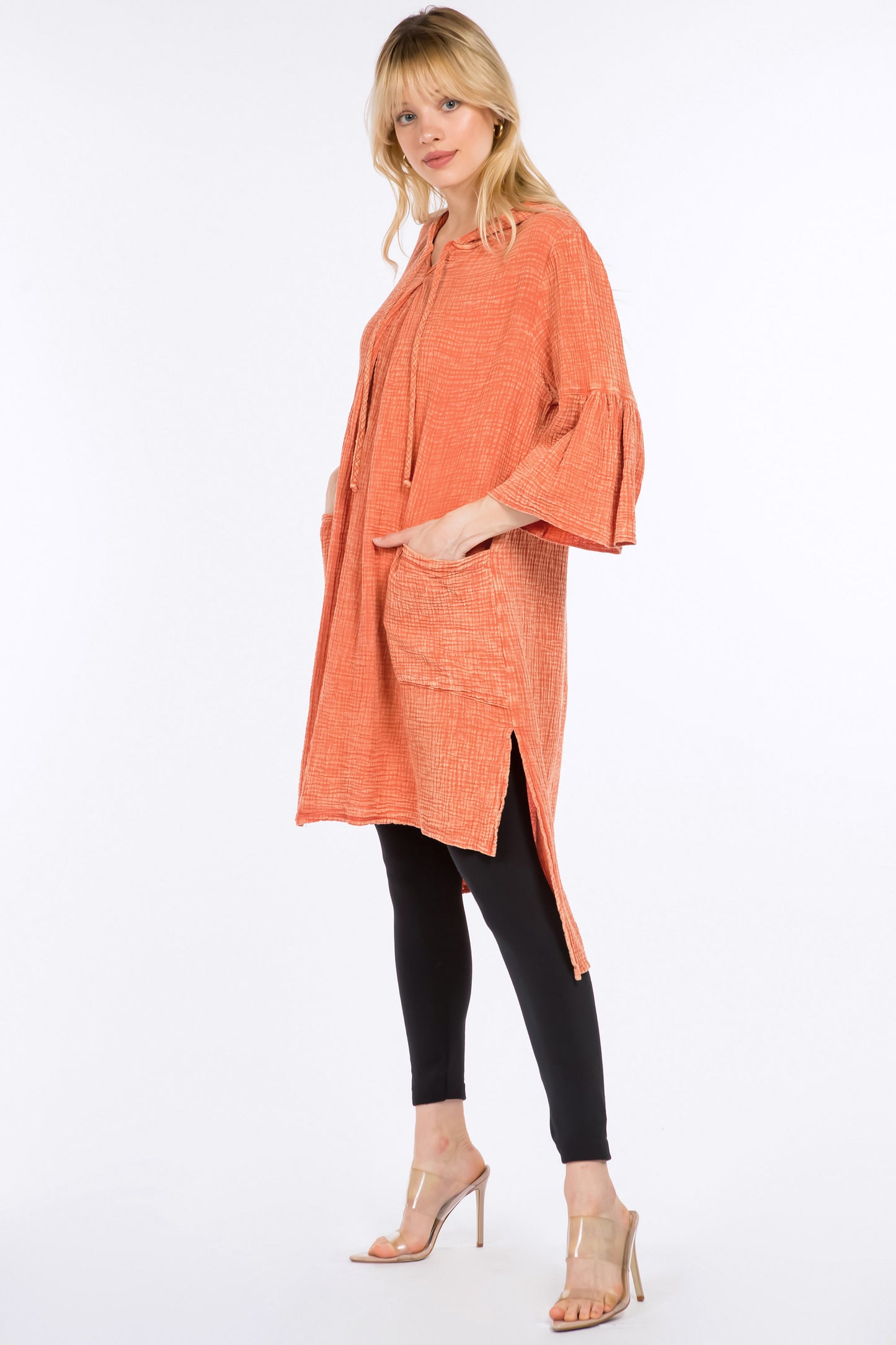 Longline Tunic Hoodie with Lantern Sleeves