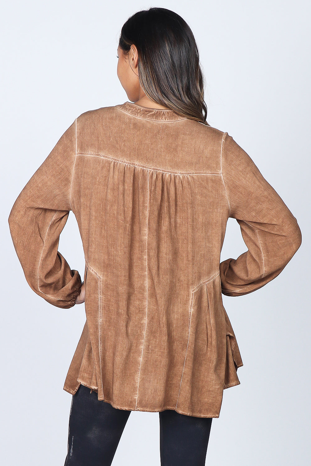 Buttoned Mandarin Collar Oil Washed Tunic