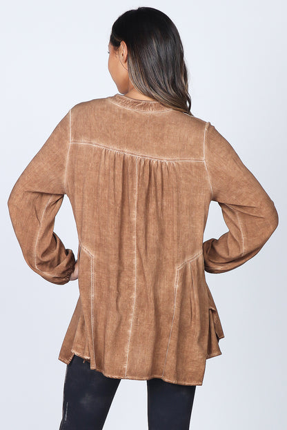Buttoned Mandarin Collar Oil Washed Tunic