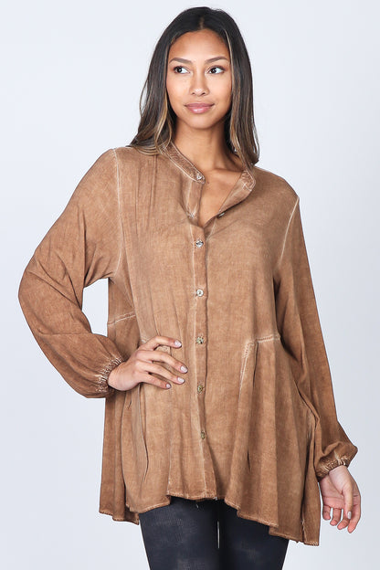 Buttoned Mandarin Collar Oil Washed Tunic