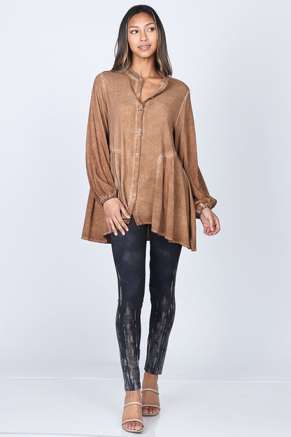 Buttoned Mandarin Collar Oil Washed Tunic