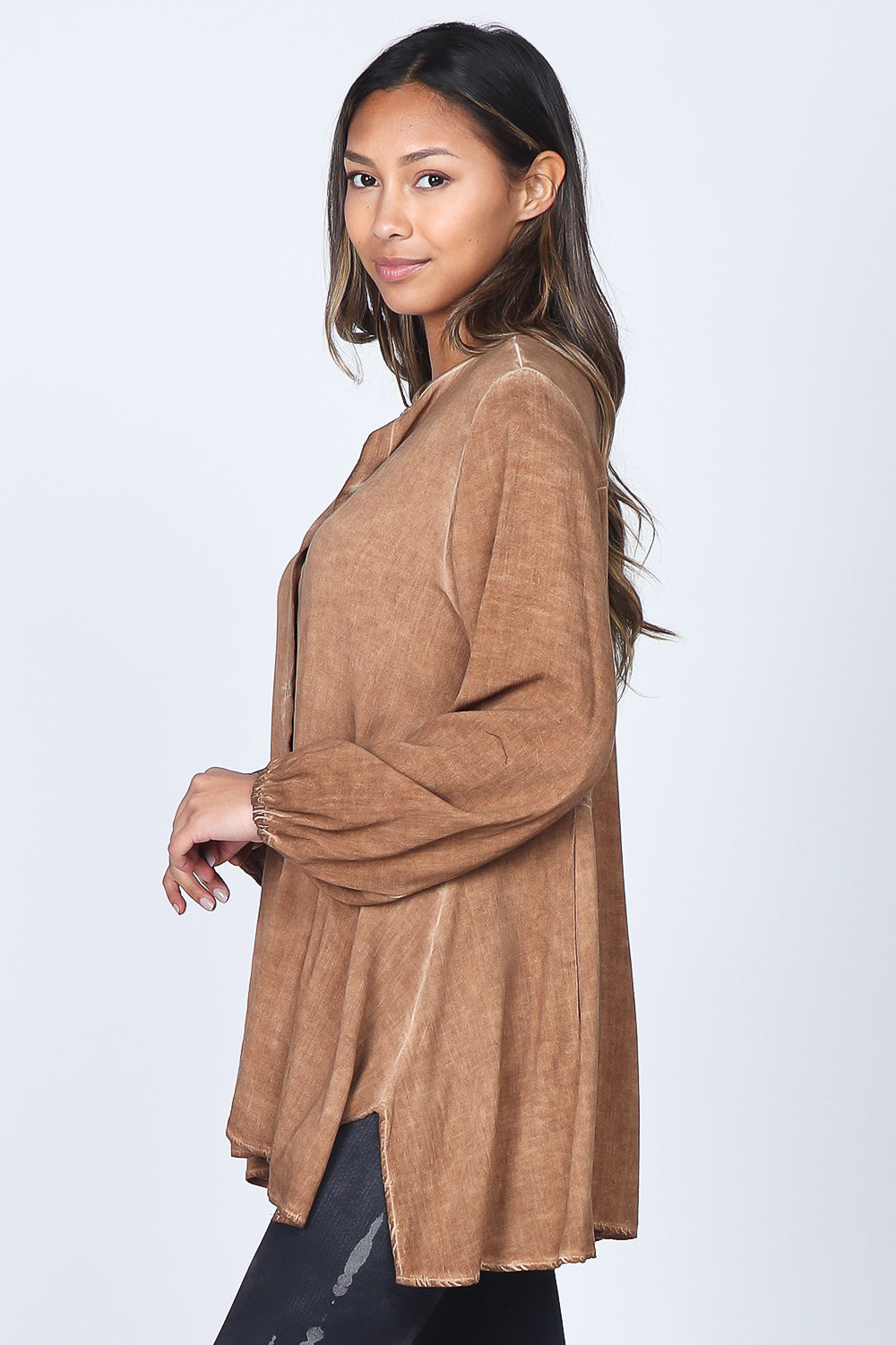 Buttoned Mandarin Collar Oil Washed Tunic