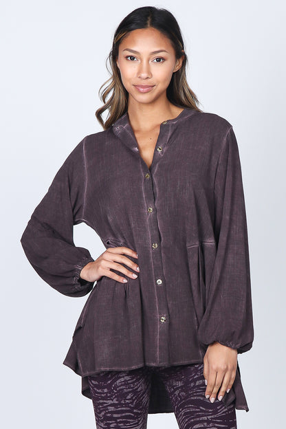 Buttoned Mandarin Collar Oil Washed Tunic