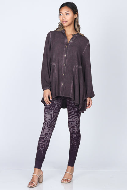 Buttoned Mandarin Collar Oil Washed Tunic