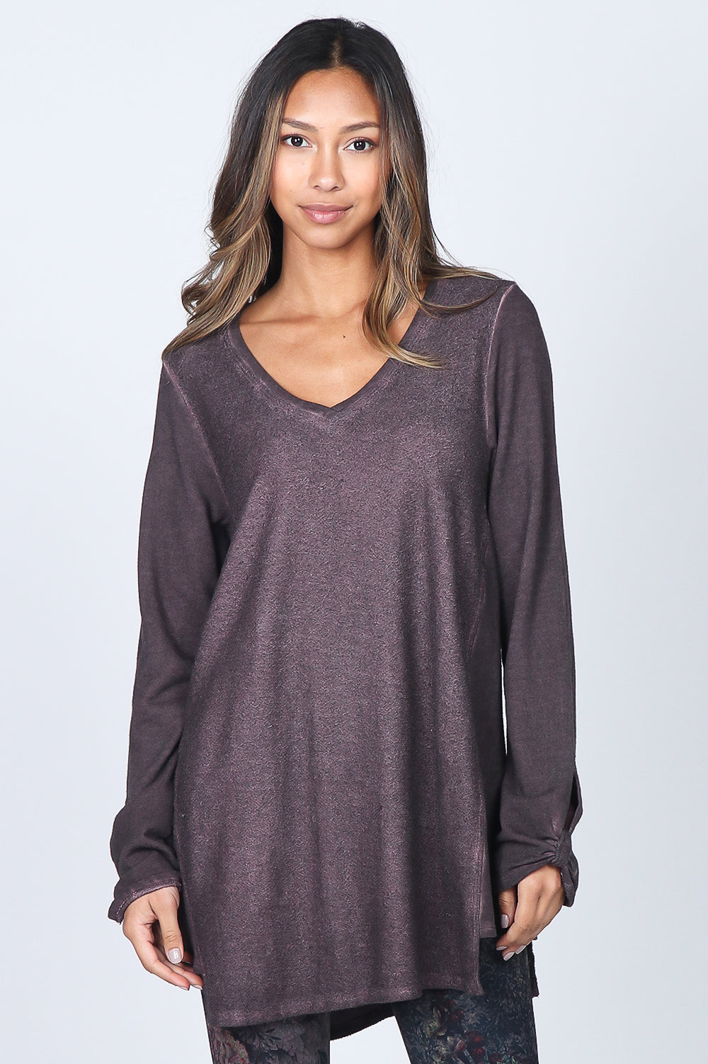 Textured Tunic with Knotted Long Sleeves