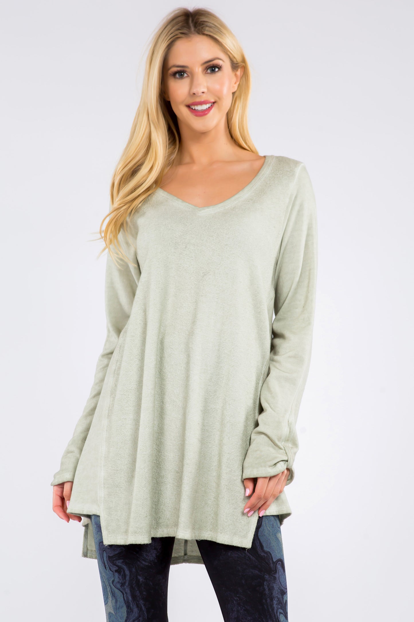 Textured Tunic with Knotted Long Sleeves