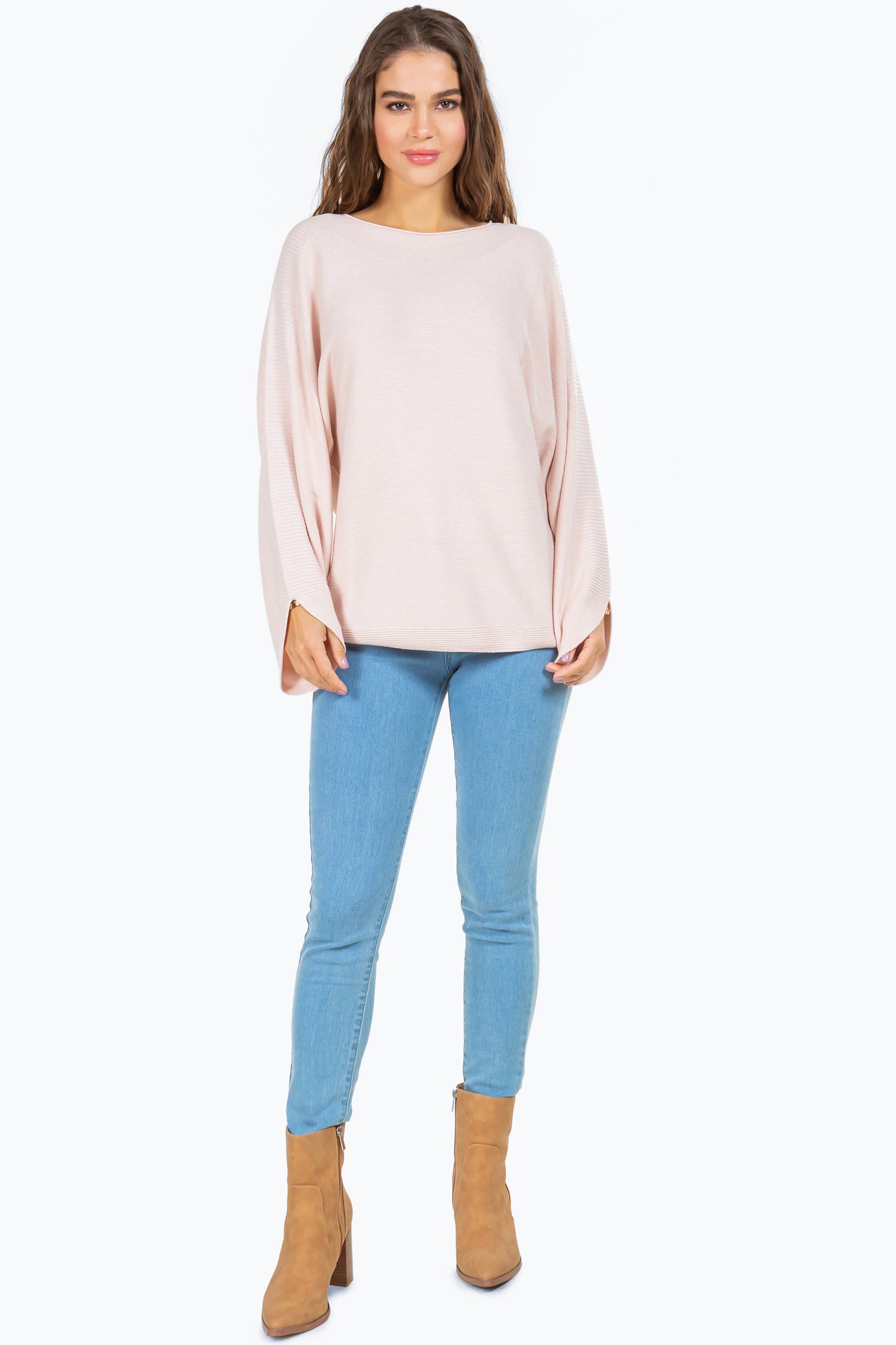 Sustainable Loose Fit Purled Sweater with Faux-Tulip Sleeve Cuff