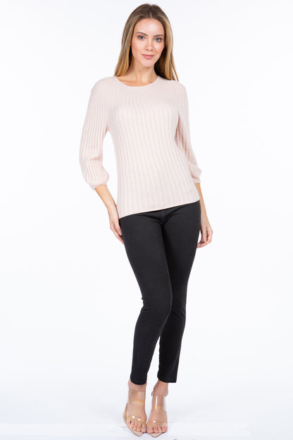 Sustainable Round Neck Half-Sleeve Ribbed Sweater