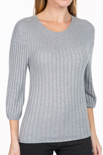 Sustainable Round Neck Half-Sleeve Ribbed Sweater