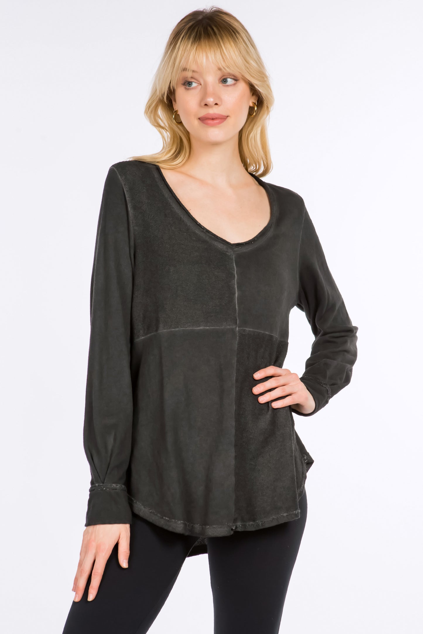 French Terry V-Neck Tunic with Contrast Panel