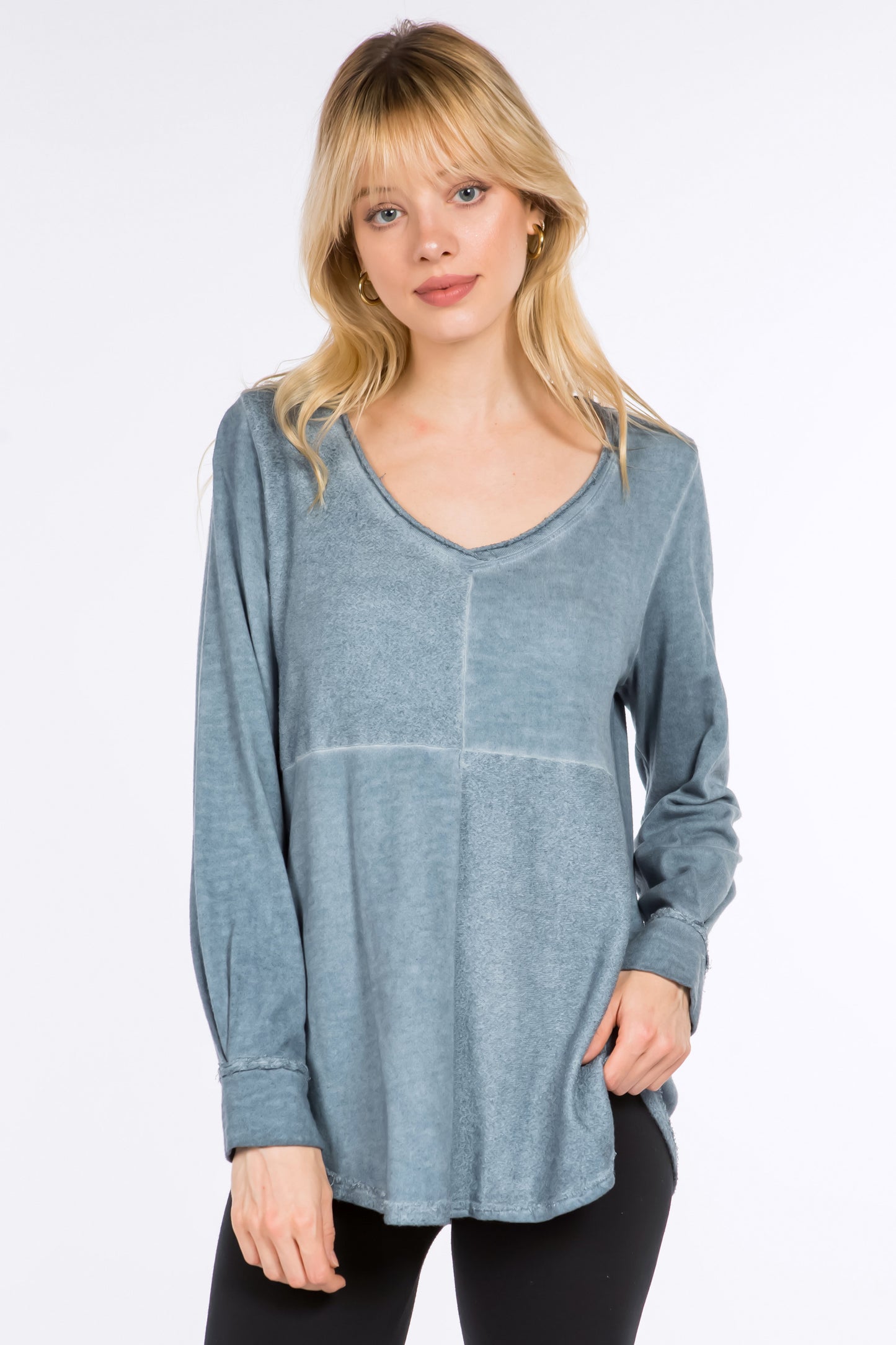 French Terry V-Neck Tunic with Contrast Panel