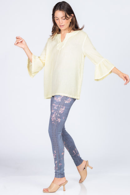 Wide Placket Split Collar Tunic with Flutter Sleeves