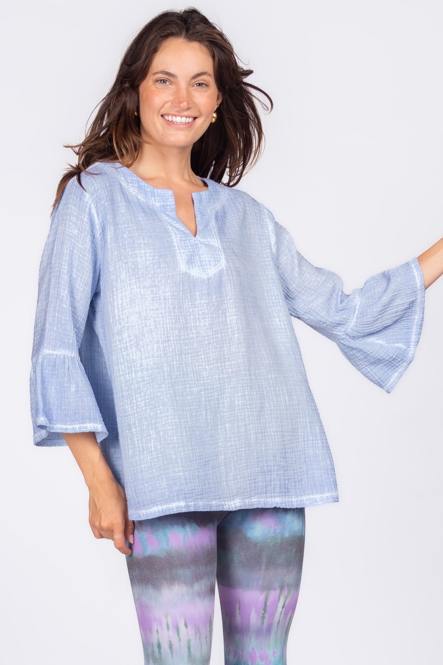 Wide Placket Split Collar Tunic with Flutter Sleeves