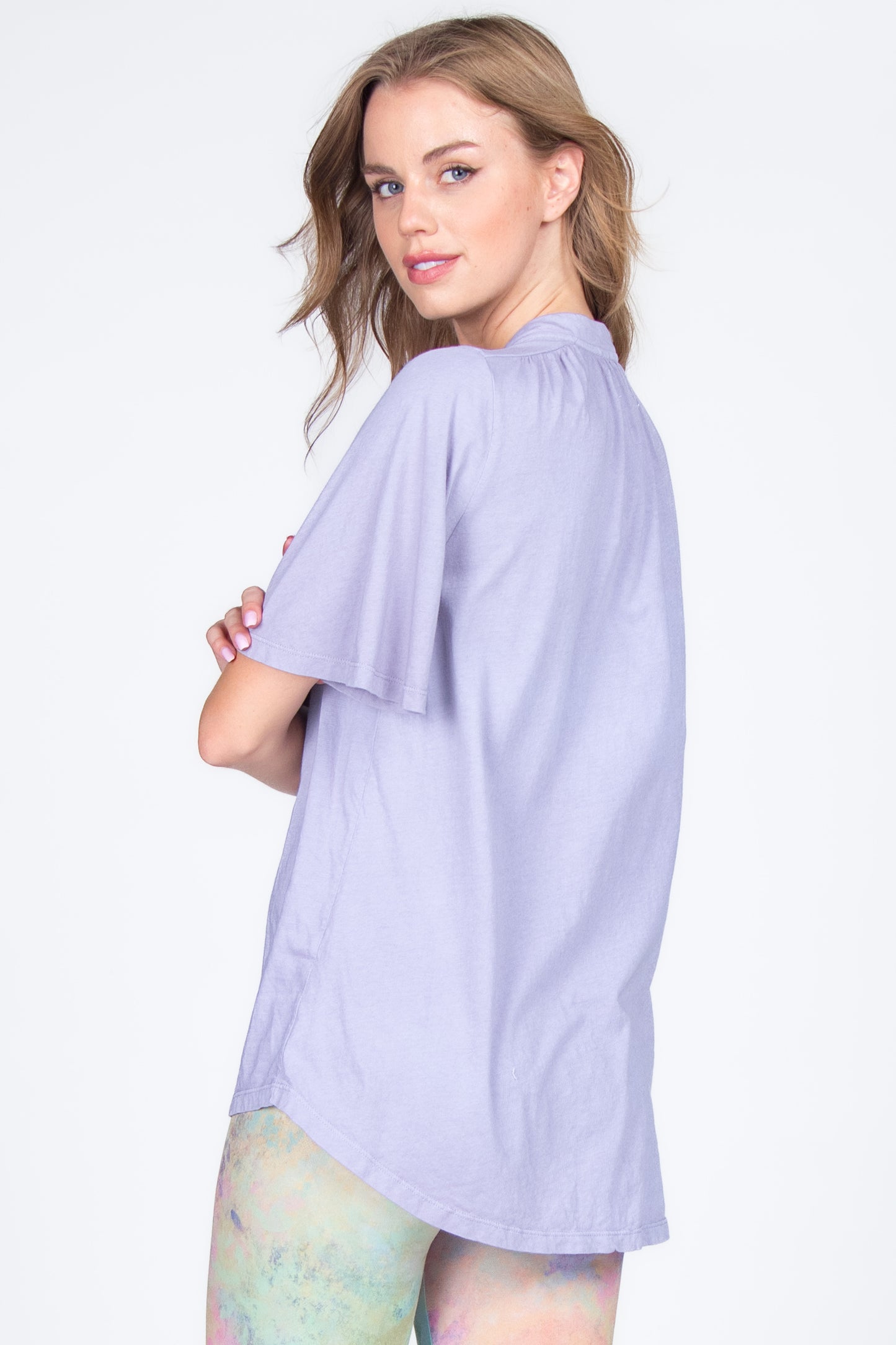 Mandarin V-Neck with Flared Short Sleeves