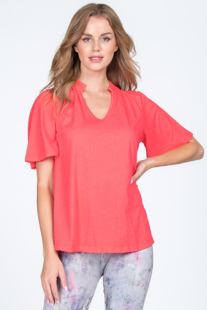 Mandarin V-Neck with Flared Short Sleeves