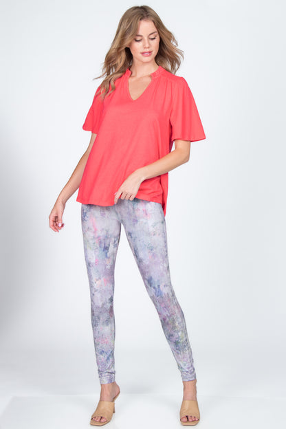 Mandarin V-Neck with Flared Short Sleeves
