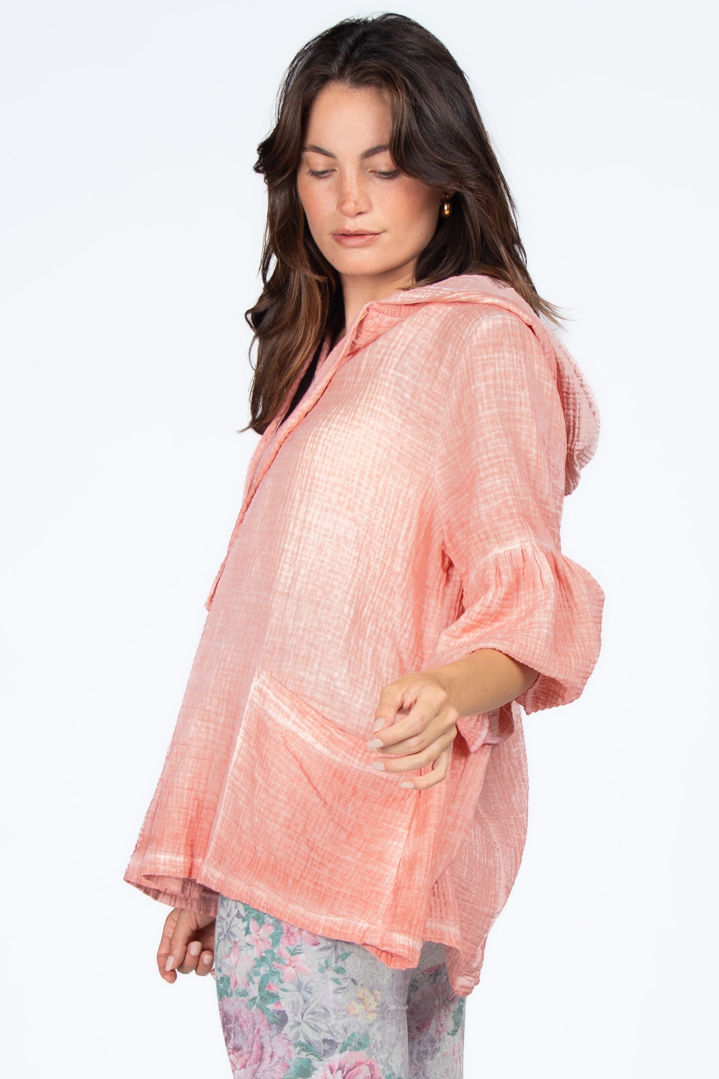 Pleated Double Gauze A-Line Hoodie with Pockets